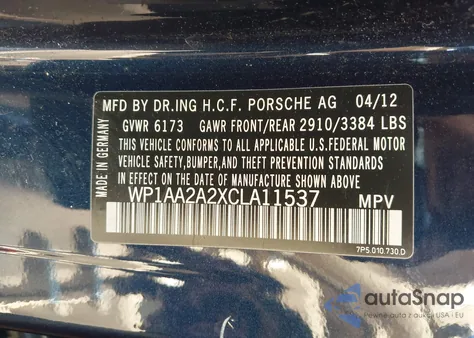 2012 Porsche Cayenne z USA, uszkodzony, nr VIN WP1AA2A2XCLA11537